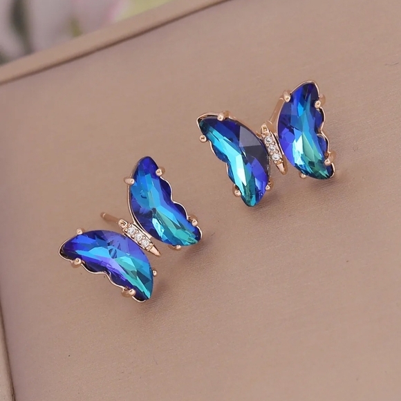 50% off 3 or more Blue Rhinestone Butterfly Earring Studs Gold Tone Setting - Picture 1 of 9